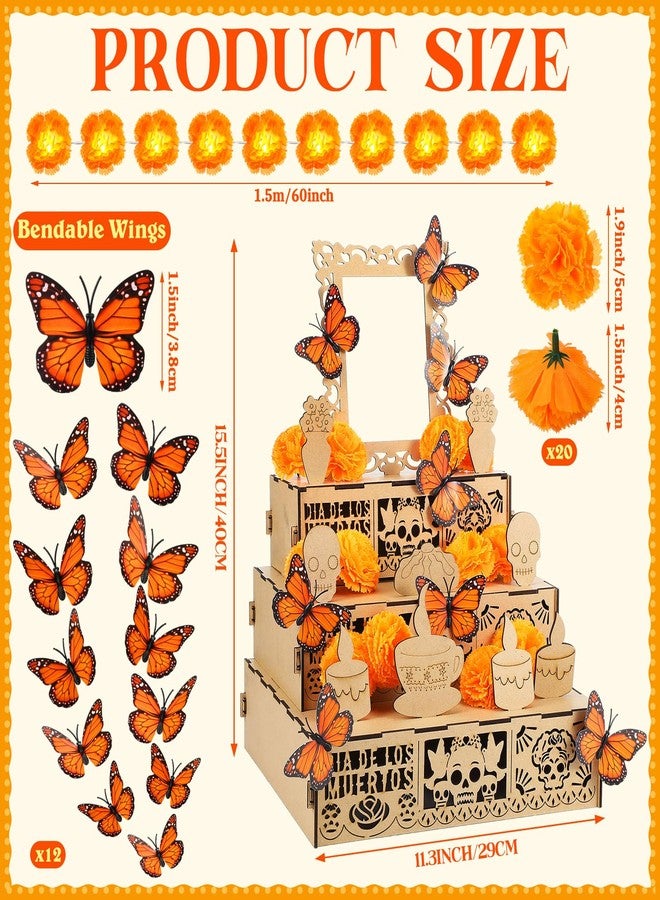 Colingmill 34 Pcs Dia De Los Muertos Decorations Day of the Dead Altar Kit Dia De Los Muertos Altar Ofrenda Shadow Box Wooden Included 6 Inch Marigold Garland with Light Flower Butterfly (Classic) - Image 3